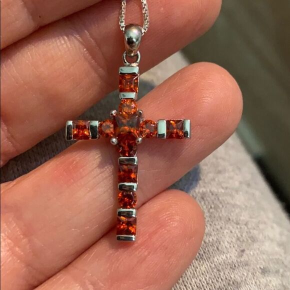Sterling Silver Cross Necklace-Bole Orange CZ-18" Box Chain - Picture 6 of 8